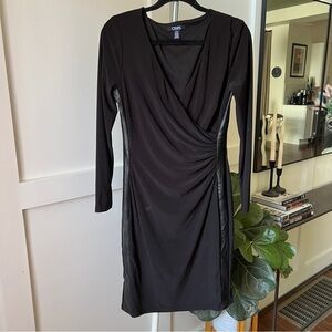 Chaps Black Long Sleeve Faux Wrap Dress with Faux Leather Side Insets medium